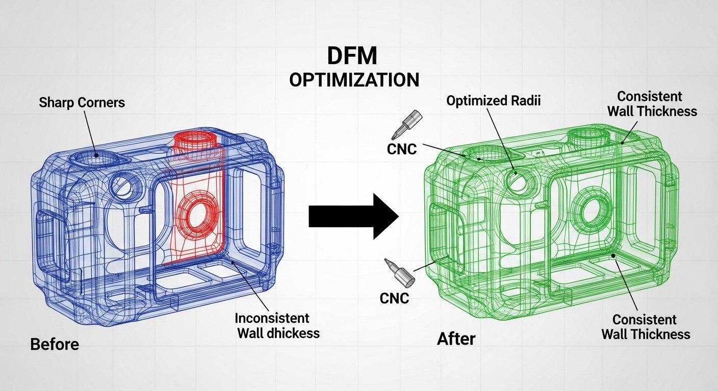 Infographic illustrating Design for Manufacturability DFM for camera housing CNC machining contrasting a complex before CAD model with an opt