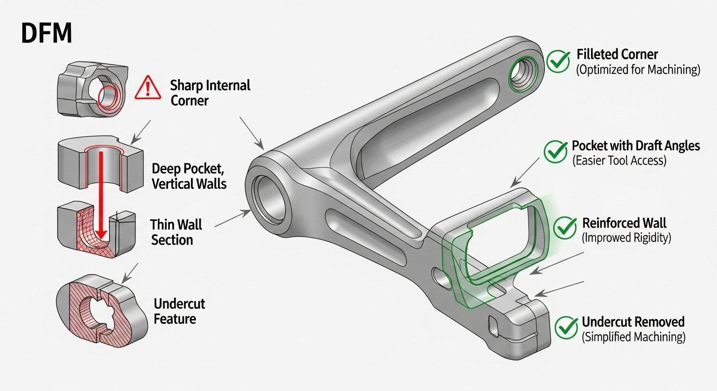 Infographic illustrating Design for Manufacturability DFM principles for CNC machining bicycle components showcasing before designs with shar