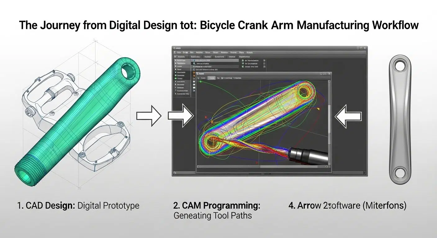 Infographie illustrant le flux de travail de l'usinage CNC pour les bras de manivelle de vélo, depuis la conception CAD et la simulation du parcours d'outil CAM jusqu'à la fabrication CNC de précision