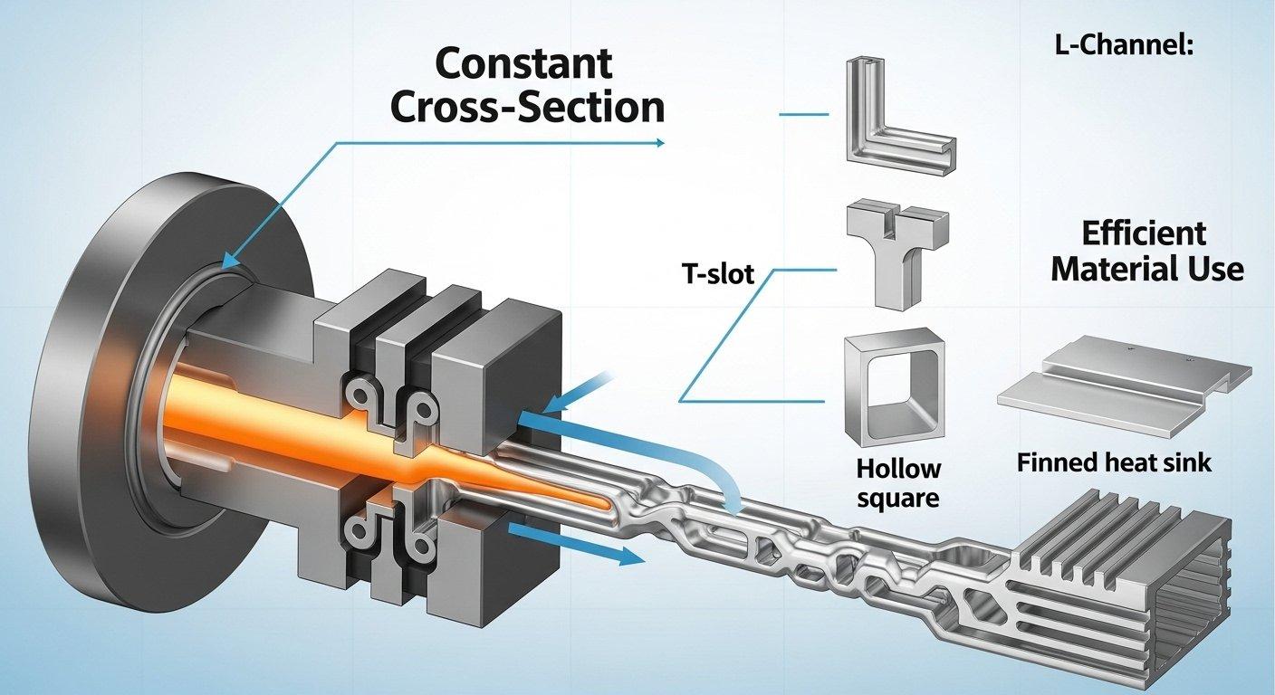 Infografik, die den Aluminium-Extrusionsprozess mit geschmolzenem Aluminium zeigt, das durch eine Form fließt, um komplexe Mehrkammerprofile zu erstellen. Ad