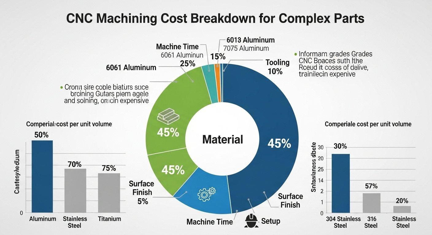 Infografía en gráfico de pastel detallando la descomposición del costo del mecanizado CNC para una pieza compleja mostrando porcentajes de Material, mayor Tiempo de Máquina, Mano de obra
