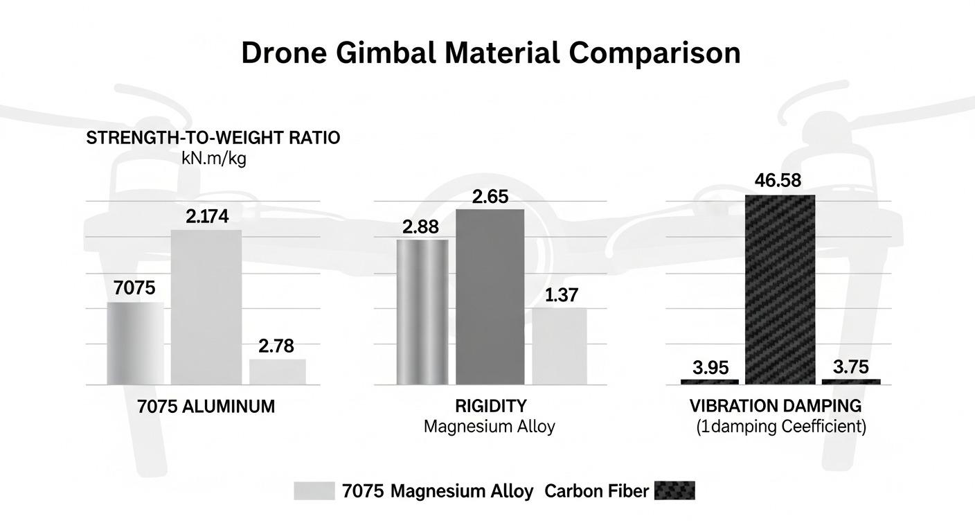 Bar grafikleriyle karşılaştırılan ana malzeme özelliklerini içeren infografik; güç-ağırlık oranı, sertlik ve titreşim sönümleme özellikleri drone gimbal için