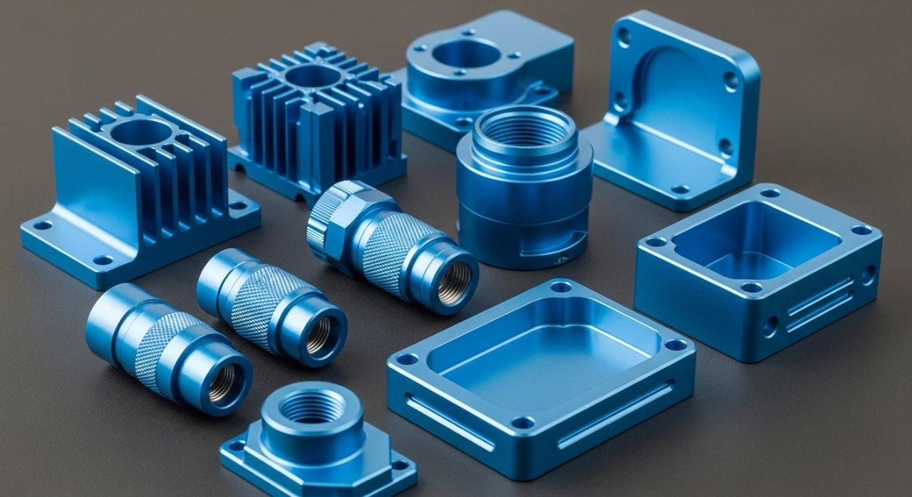 Intricately machined and anodized aluminum electronic components showcasing complex geometries tight tolerances and perfect color consistency ac