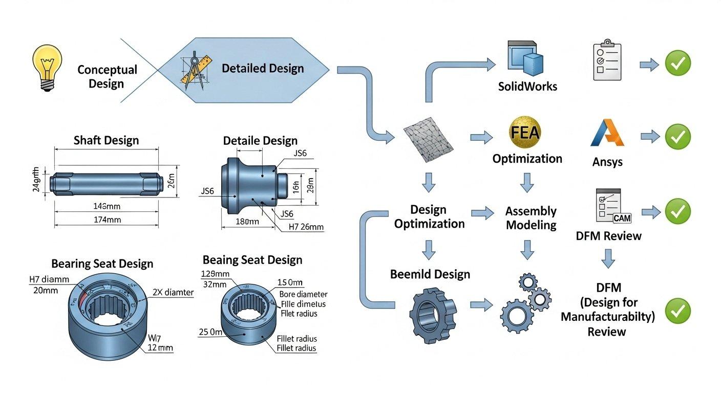 Iterative CAD modeling workflow chart for bicycle components detailing conceptual design detailed design with critical dimensions and tolerance