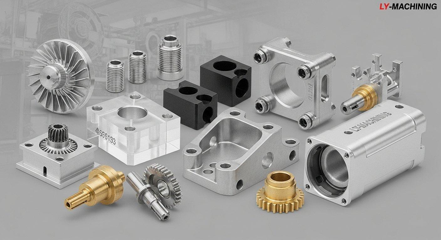 Colección de productos de mecanizado Ly, componentes de alta calidad, mecanizados con precisión en aluminio, acero inoxidable y plástico, con diversos acabados superficiales