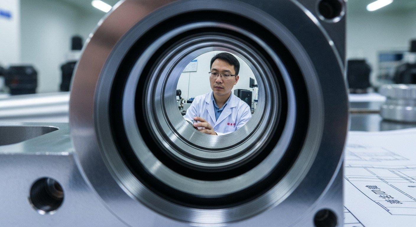 Macro photograph of a CNC machined optical scope housing showcasing the mirror like surface finish of its critical internal bore for optimal opti