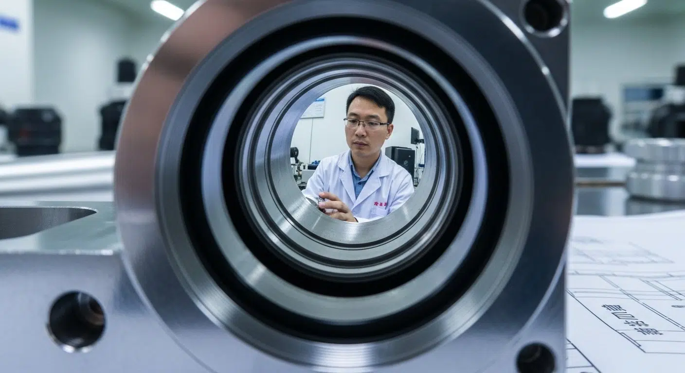 Fotografía macro de una carcasa de alcance óptico mecanizada por CNC, mostrando el acabado de superficie similar a un espejo de su bore interno crítico para una óptima