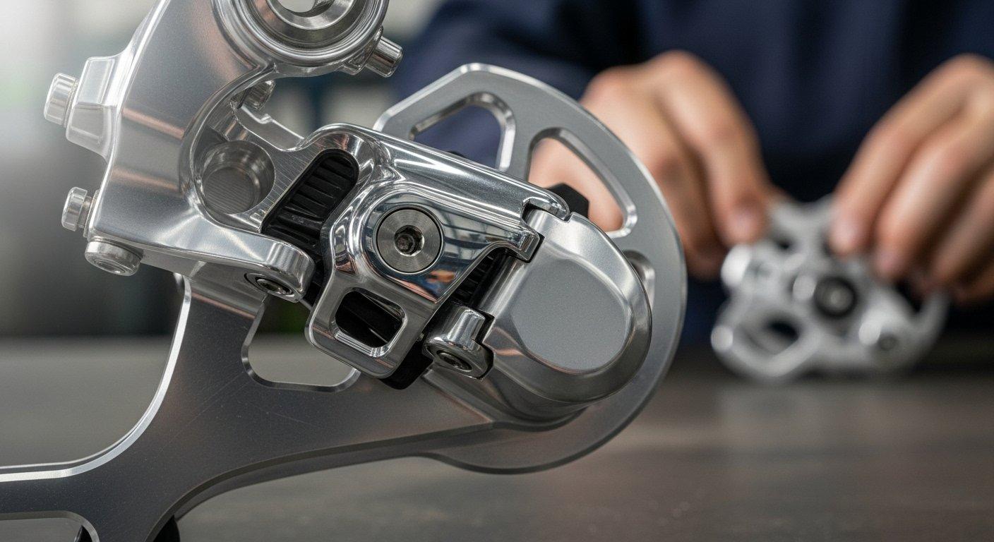 Macro photograph of a finished CNC machined bicycle component highlighting its exceptional surface finish crisp machined edges and intricate de