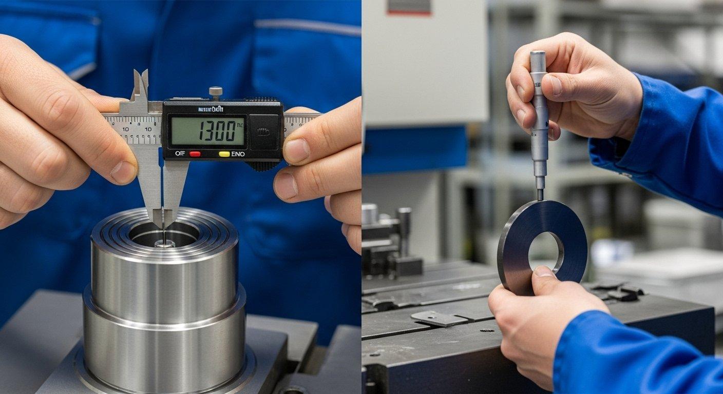 Midiendo piezas mecanizadas con calibrador micrómetro