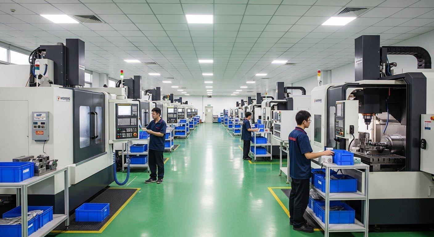 Modern CNC machining factory floor at ly machining in Shenzhen China featuring multiple high precision CNC machines in operation. Engineers and