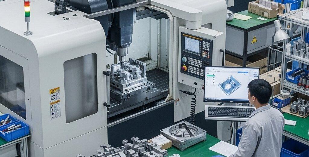 Vista aérea de un moderno piso de fábrica de mecanizado CNC con máquinas multieje avanzadas produciendo piezas metálicas intrincadas. Un ingeniero observa una di 1 e1760327202741