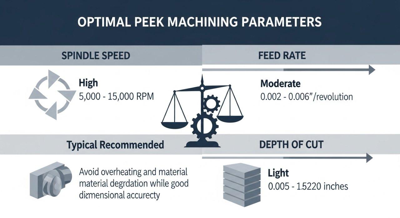 PEEK machining, CNC plastic processing, spindle speed, feed rate, depth of cut