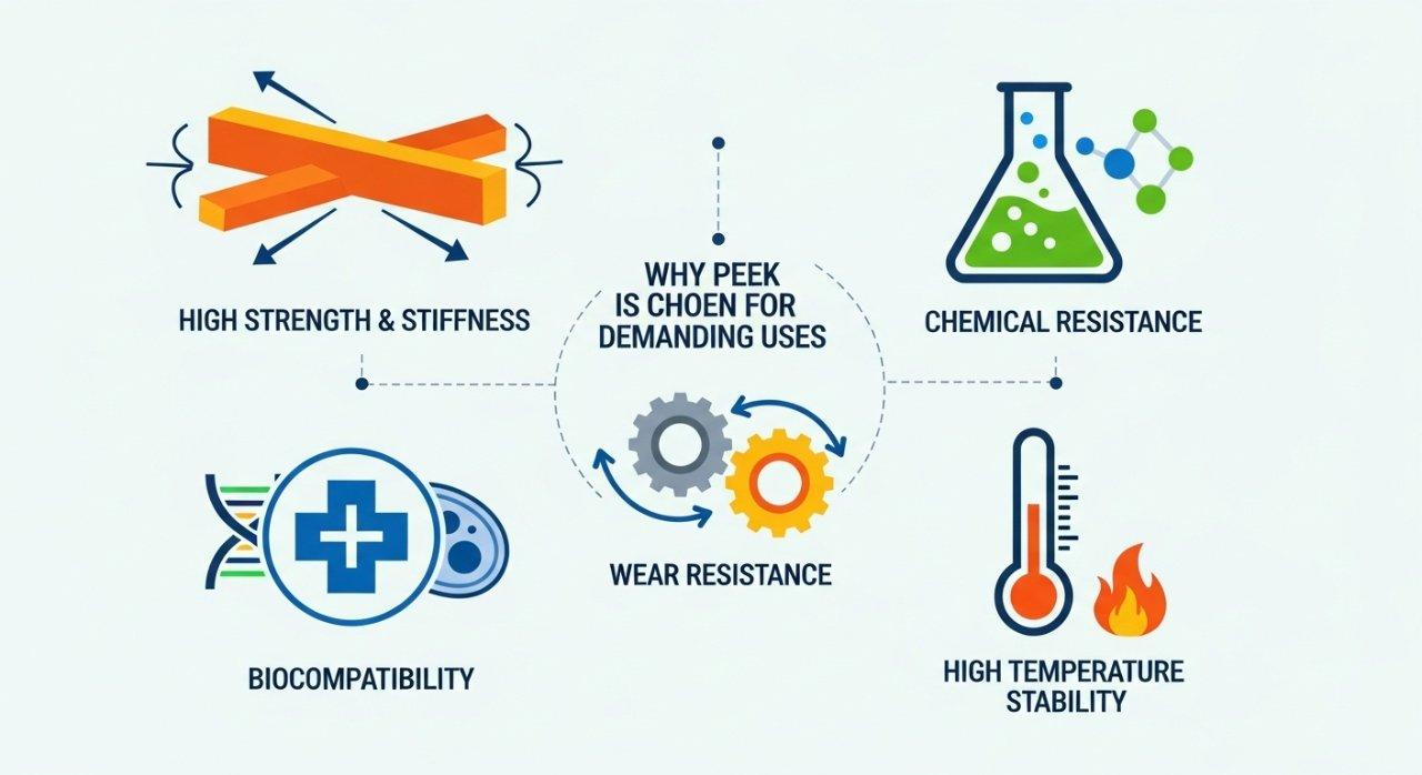 PEEK polymer, material properties, engineering plastics, high performance materials, infographic