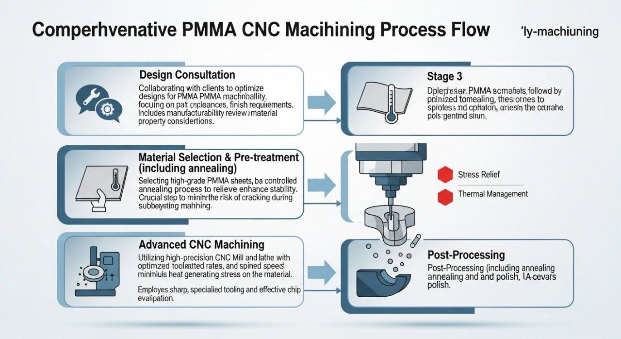 PMMA CNC machining, acrylic machining process, ly-machining, crack prevention, CNC infographic
