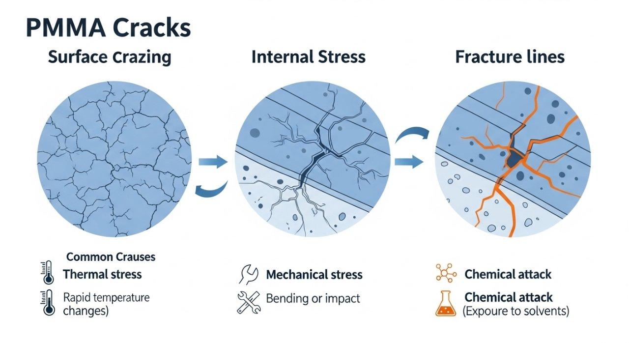 PMMA cracks, polymer failure, surface crazing, material science, thermal stress