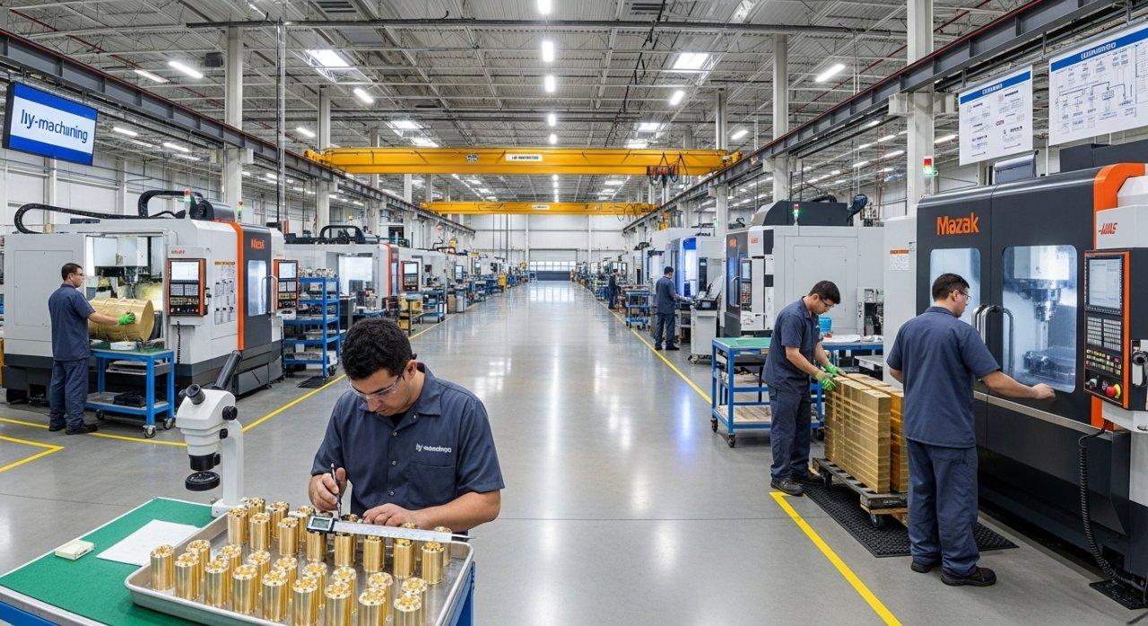 Panoramablick auf die hochmoderne CNC-Bearbeitungsanlage von ly, die saubere, organisierte Arbeitsbereiche und moderne Präzisions-CNC-Maschinen hervorhebt