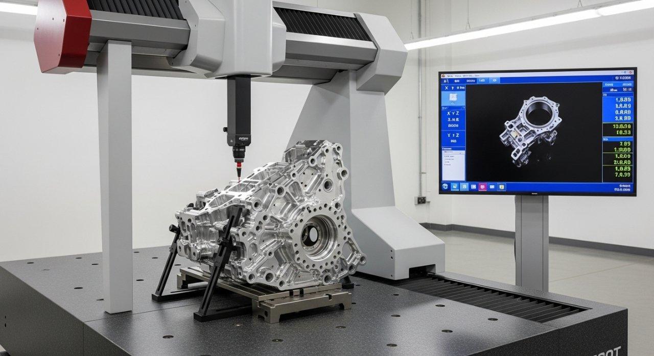 Photograph of a CMM (Coordinate Measuring Machine) actively performing precision measurement on a complex 6061 aluminum aerospace component. A clear digital display shows real-time measurement data, all within a clean, controlled quality inspection environment.
