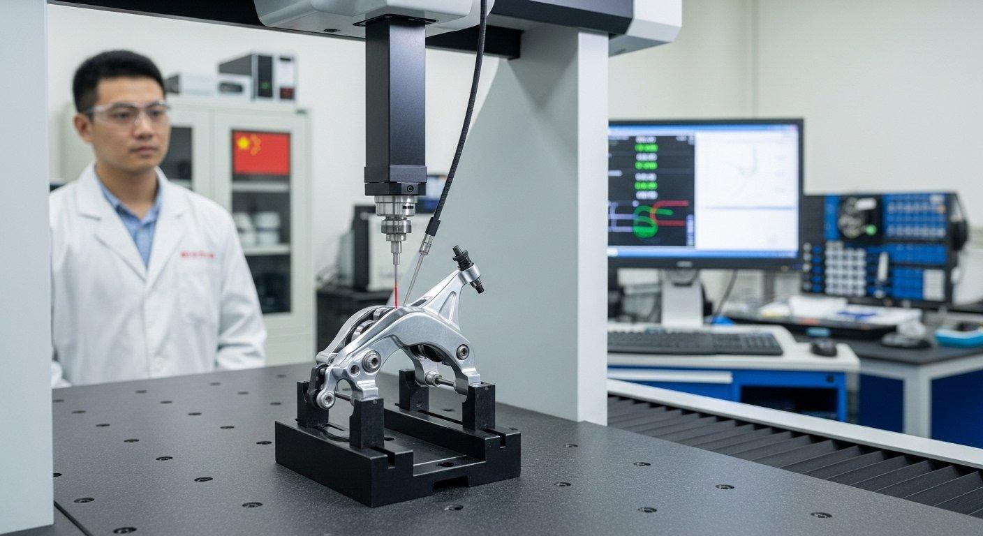Precision CMM Coordinate Measuring Machine actively inspecting a CNC machined bicycle brake caliper housing with its probe touching the part f