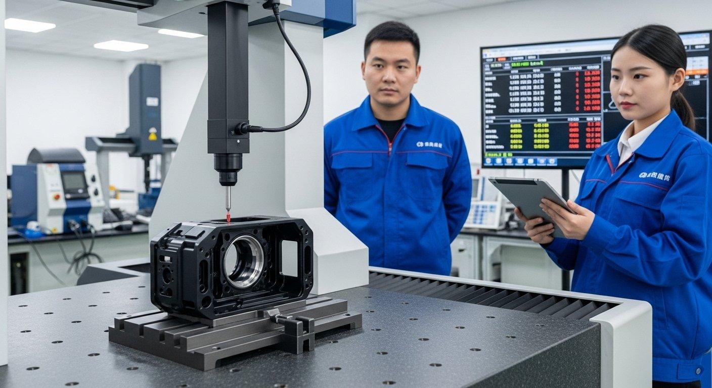 Machine de mesure tridimensionnelle de précision (CMM) inspectant un boîtier de caméra complexe usiné par CNC, sondant avec précision une caractéristique interne critique.