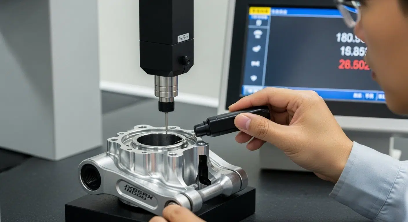 Inspection CMM de précision d'une pièce de vélo usinée par CNC, par exemple un boîtier de pédalier ou une liaison de suspension, affichant des données de mesure numériques pour la qualité