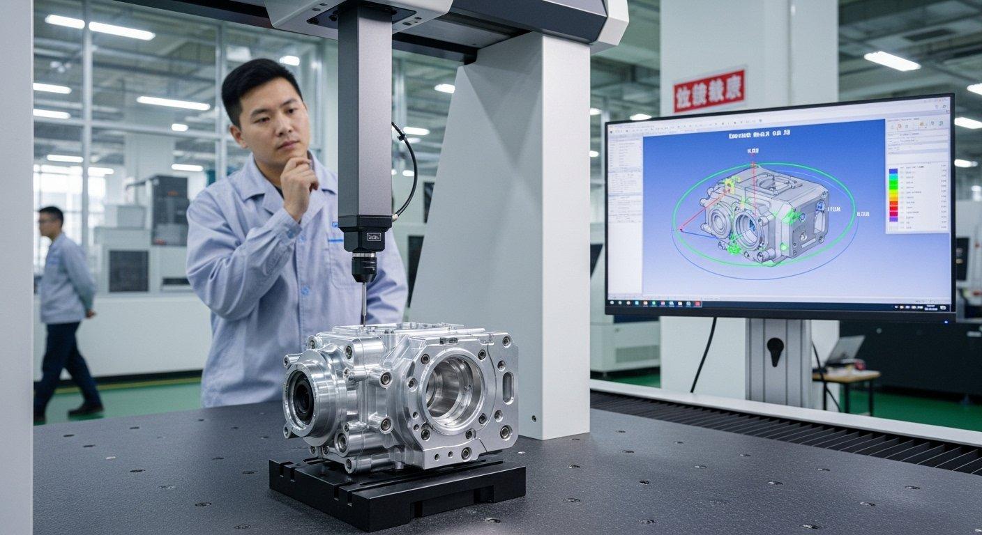 Precision CMM inspection of a complex CNC machined camera housing with the CMM probe touching the surface and real time measurement data plus a 3