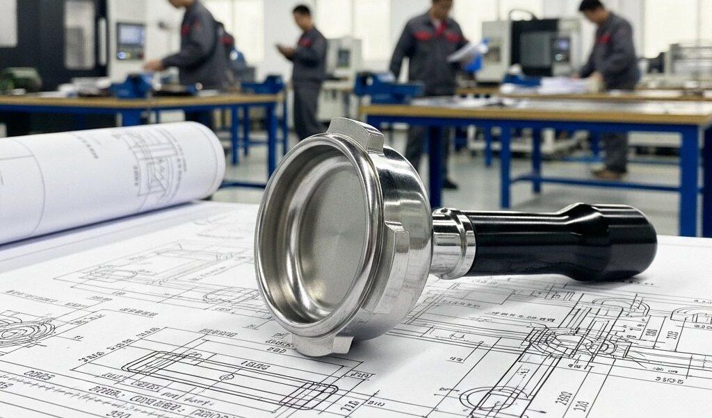 Precision CNC espresso portafilter on blueprint 1 e1760345197690