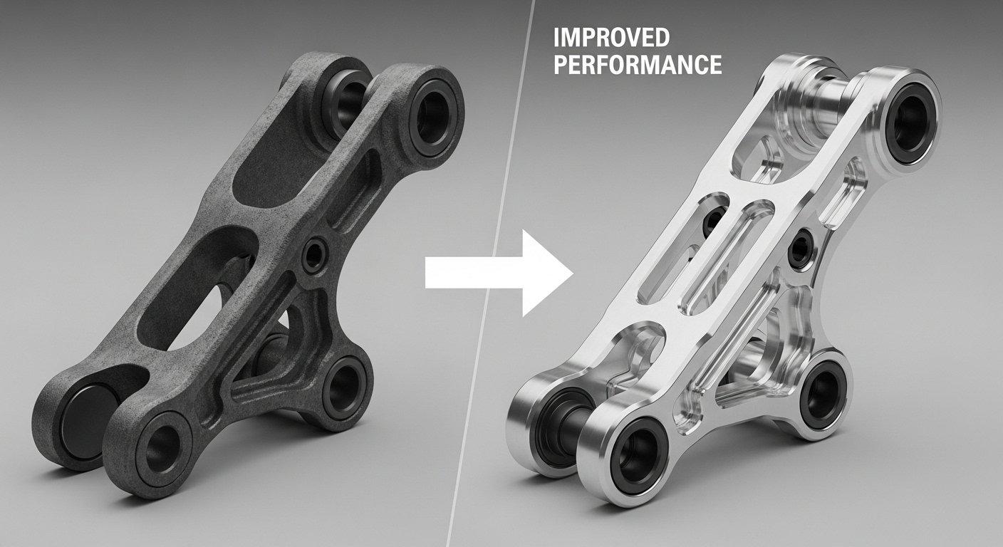 Precision CNC machined 7075 aluminum bicycle suspension linkage with weight saving cutouts contrasted with a heavy cast linkage illustrating the