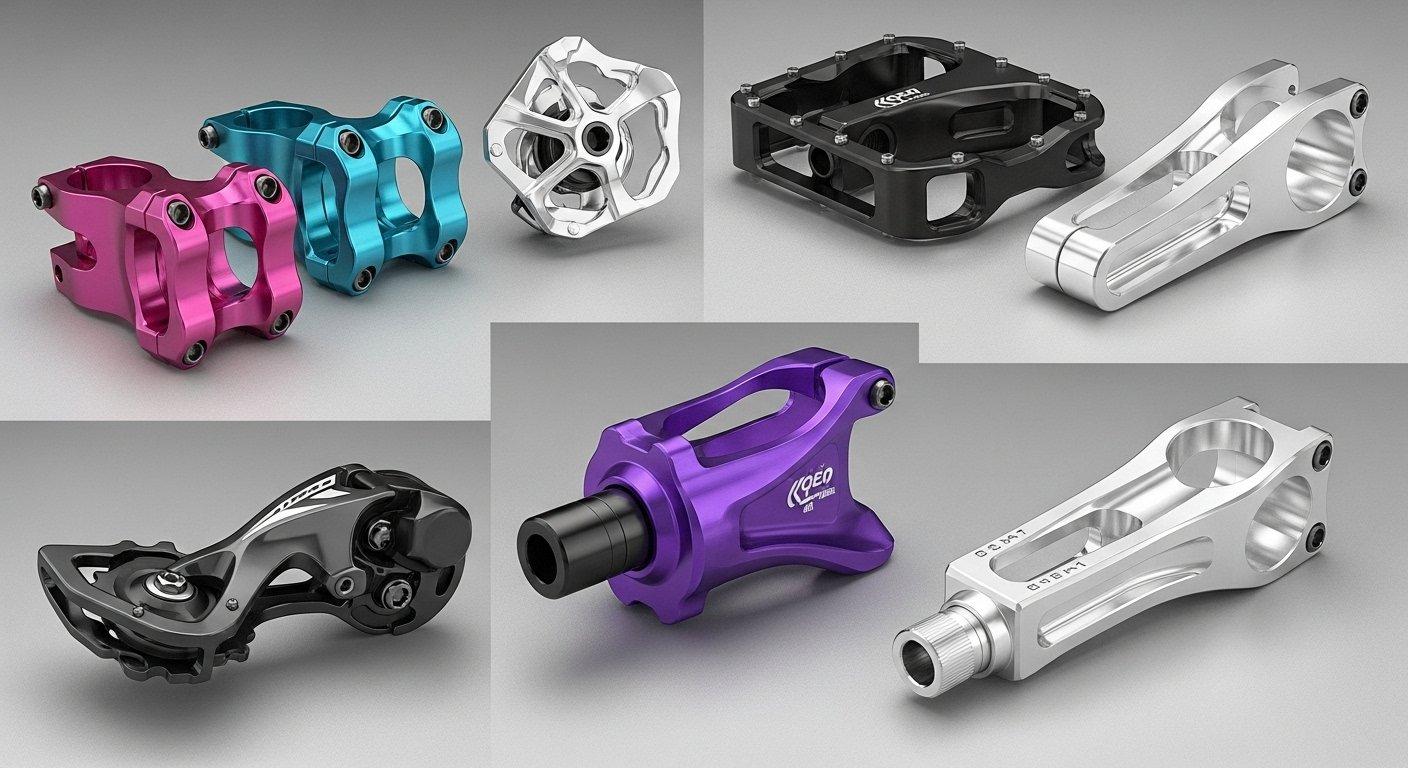 Precision CNC machined bicycle components collection brightly anodized stem intricate derailleur cage pedal body and lightweight seat clamp. S