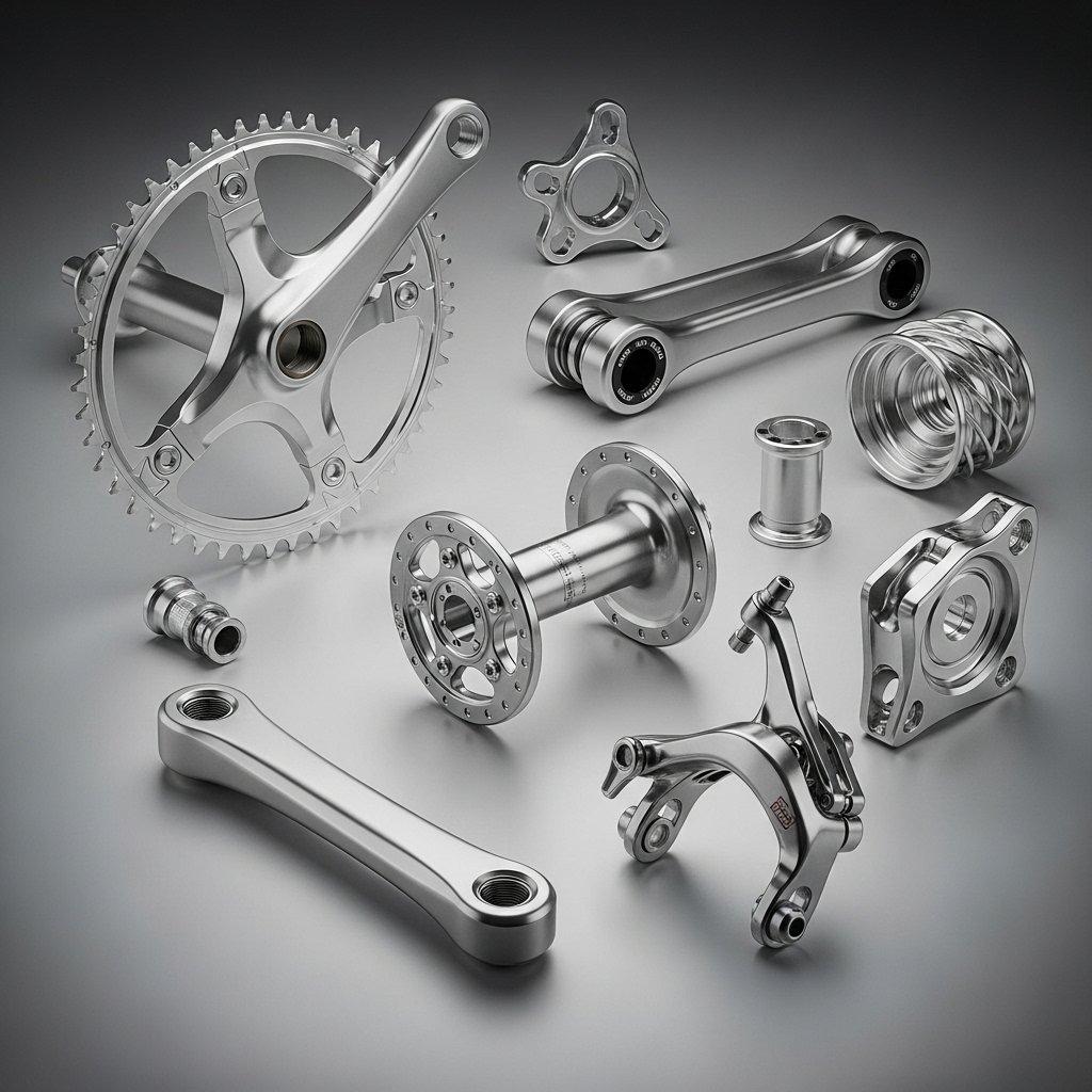Precision CNC machined bicycle components including a lightweight aluminum crankset anodized hub suspension linkage and brake caliper showcas