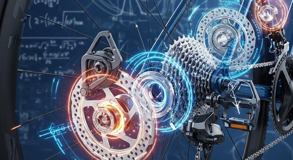 From Blueprint to Reality: Complete CNC Machining for Bicycle Parts 1 Precision CNC machined bicycle parts in an exploded view highlighting a glowing derailleur cage crank arm and disc brake caliper against a blue 1 e1760001771204