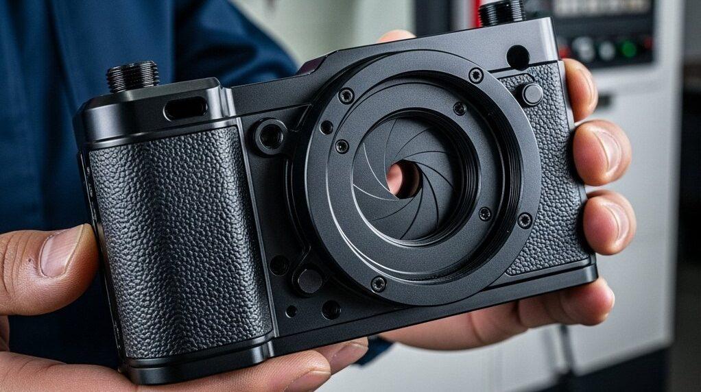 CNC Machining Camera Housings: Full Process Guide 1 Precision CNC machined dark anodized aluminum finished camera housing featuring intricate threaded mounts a precise lens aperture and a fine te e1760065402366