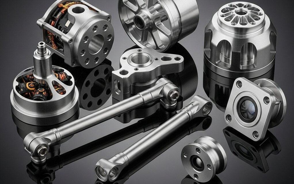 Mastering CNC Machining for Bicycle Parts: Materials & Processes 1 Precision CNC machined drone components including an aluminum motor mount titanium propeller hub landing gear strut and sensor housing showca 1 e1759999095665