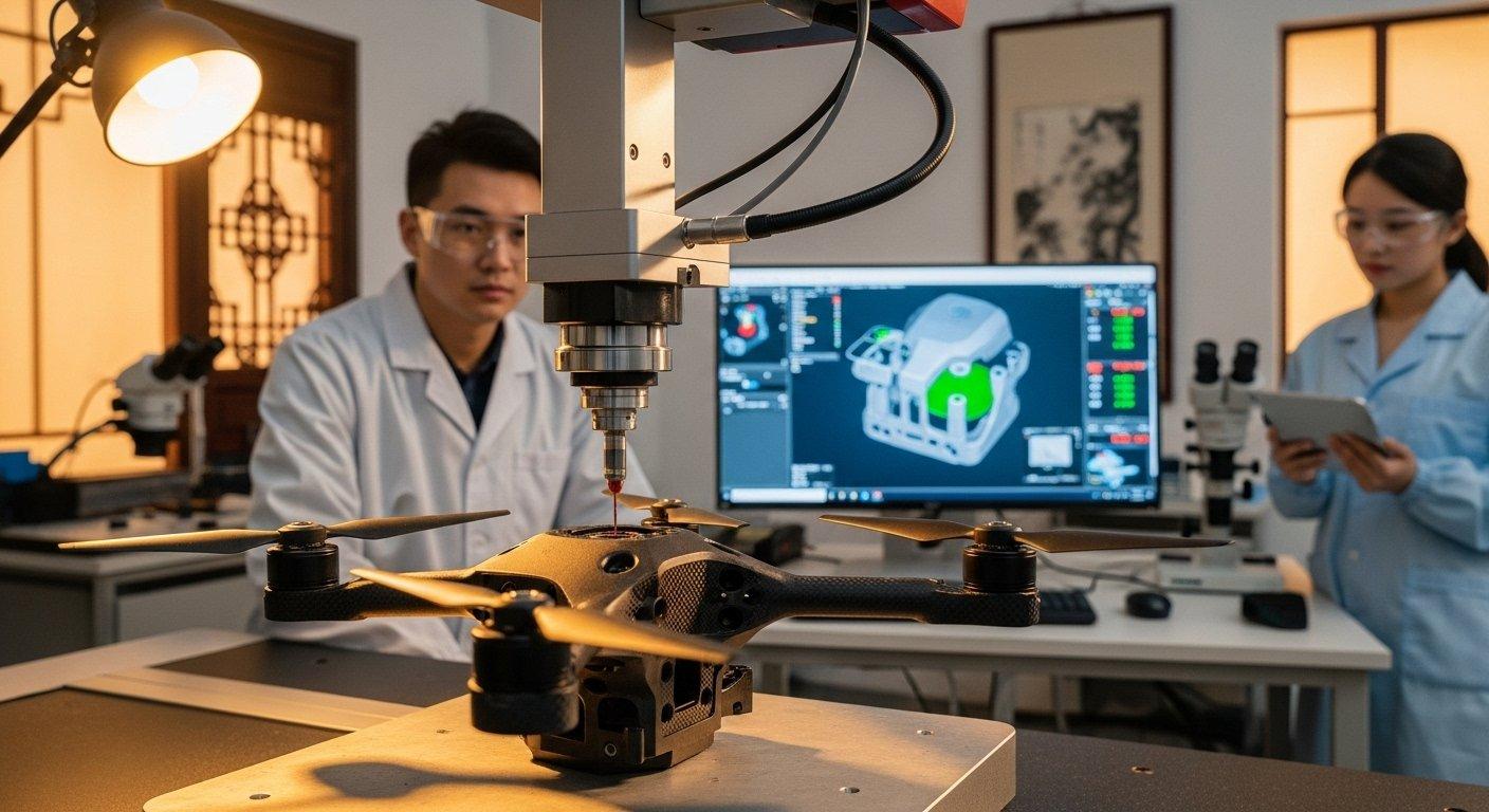 Kalite kontrol laboratuvarında dijital okuma cihazlarıyla donatılmış CMM kolu tarafından titizlikle incelenen hassas CNC işlenmiş drone gimbal bileşeni