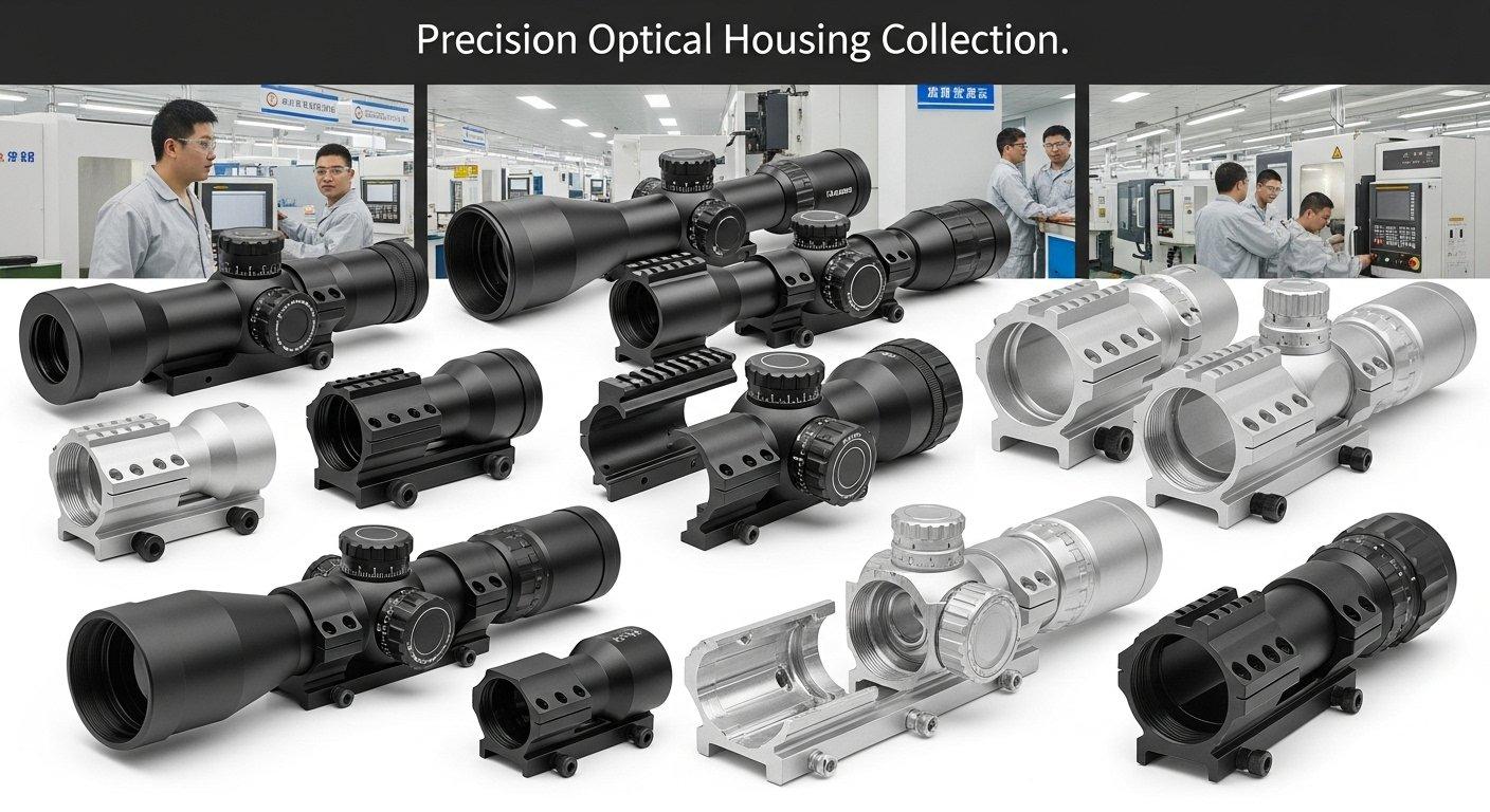 Präzise CNC-gefertigte Gehäuse für optische Spektive, die in einer Sammlung gezeigt werden, mit verschiedenen Größen, anodisierten und natürlichen Oberflächen sowie unterschiedlichen Innenausstattungen