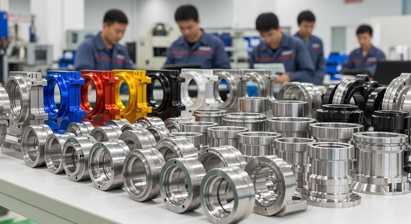 Piezas de mecanizado CNC de precisión en aluminio anodizado, acero pulido y titanio cepillado, mostrando acabados superficiales diversos y geometrías complejas