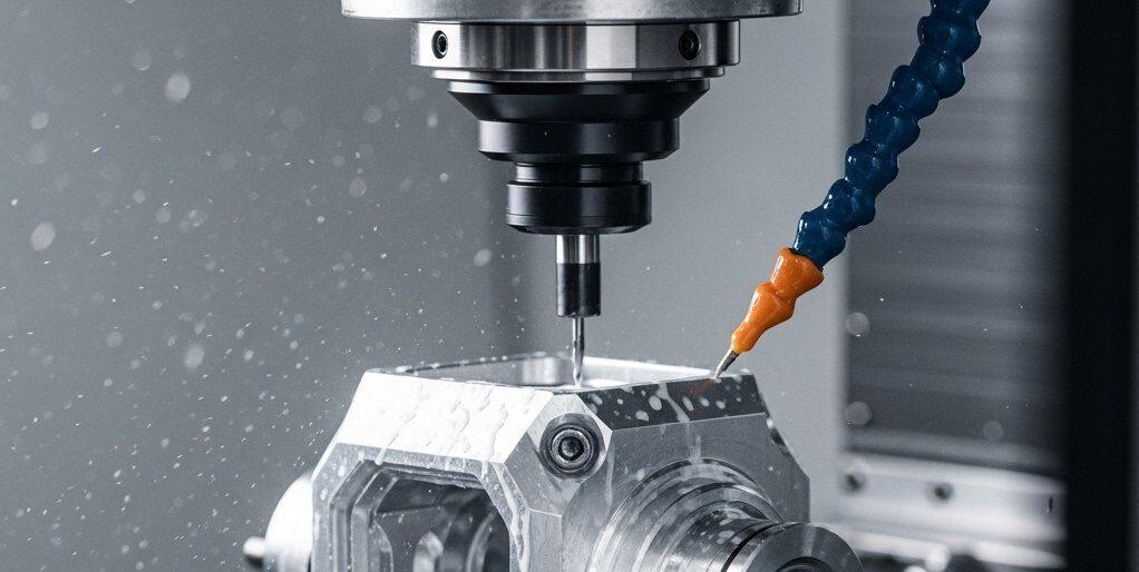 Unlocking Precision: CNC Machining Optical Scope Housings 1 Precision CNC machining of an aluminum optical scope housing partially cut on a multi axis machine with coolant showcasing intricate details of 1 1 e1759989215778