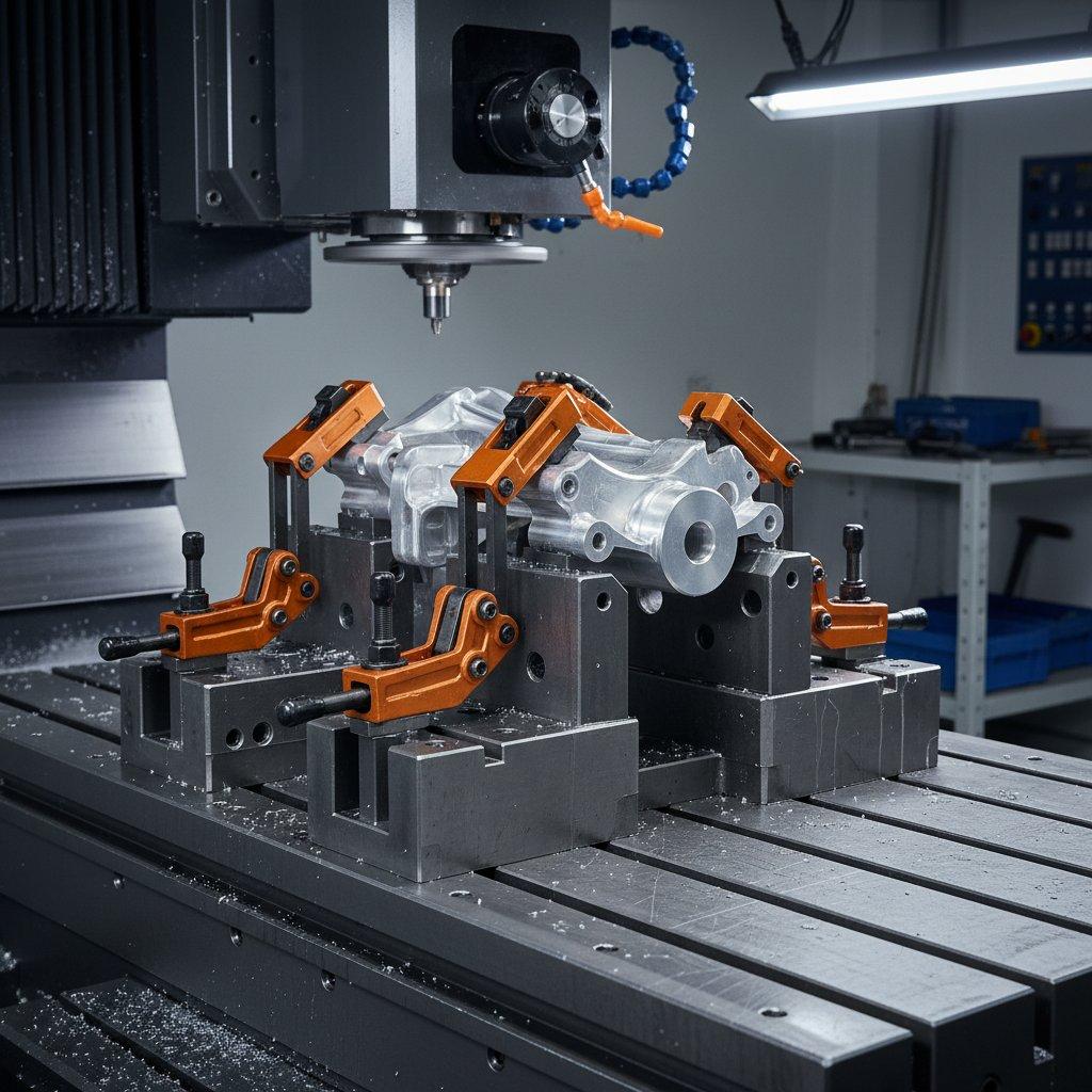 Precision machining setup on a CNC machine table, showcasing a robust, custom-designed, heavy-duty fixture securely holding a complex aluminum workpiece. Clearly visible clamps highlight the engineered stability for high-precision manufacturing.