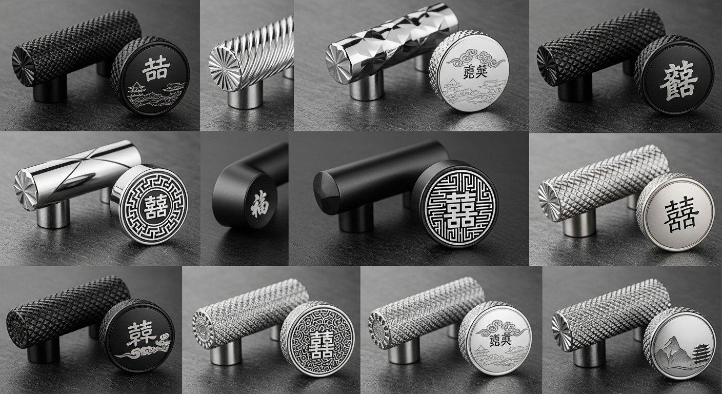 Premium-Kollektion von CNC-Metallknöpfen mit vielfältigen Oberflächen, mattschwarz, anodisiert, poliertem Chrom, gebürstetem Nickel, Sandstrahlung, Strahlglas