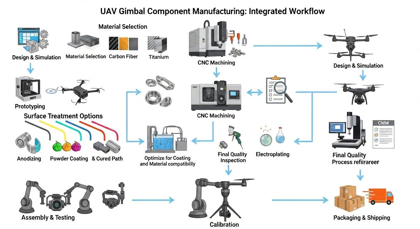 Diagramme de flux illustrant le processus de fabrication des composants de gimbal UAV, de la sélection des matériaux et usinage CNC à l'inspection de qualité et