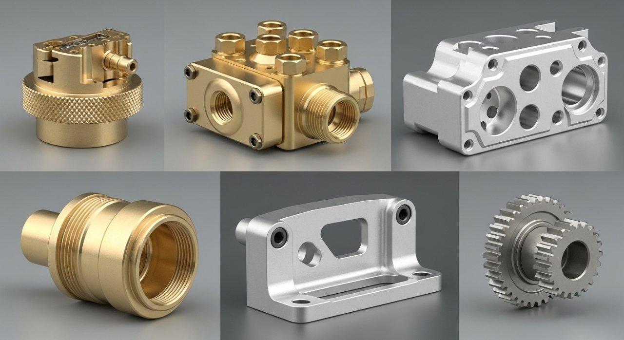 Product collage featuring a variety of high-precision CNC machined parts made from brass and aluminum, showcasing complex geometries and fine finishes. These components are used in diverse applications including electronics housings, medical instrument components, aerospace connectors, and intricate hydraulic valve parts.