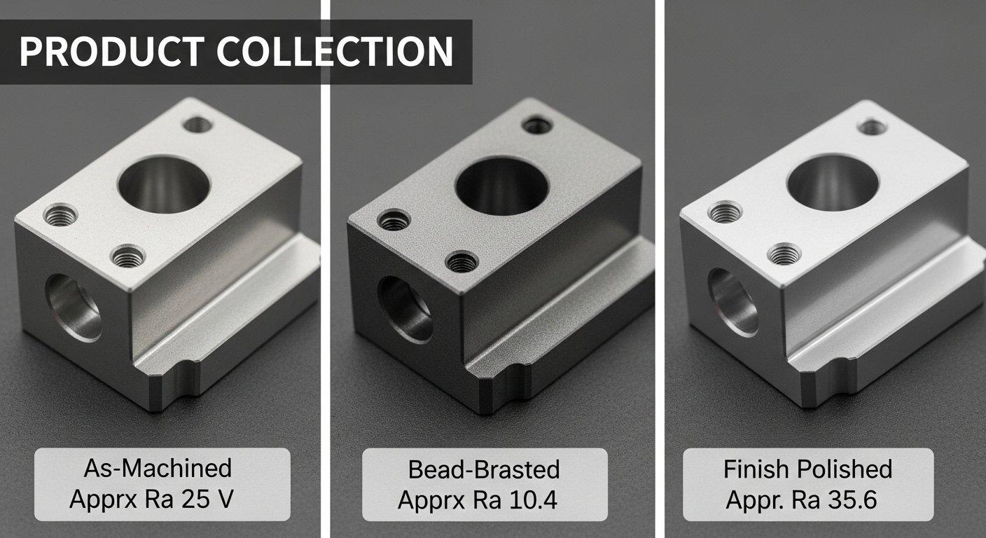 Collage de productos con tres piezas mecanizadas por CNC idénticas, cada una demostrando un acabado superficial distinto, como mecanizado con marcas de herramienta visibles