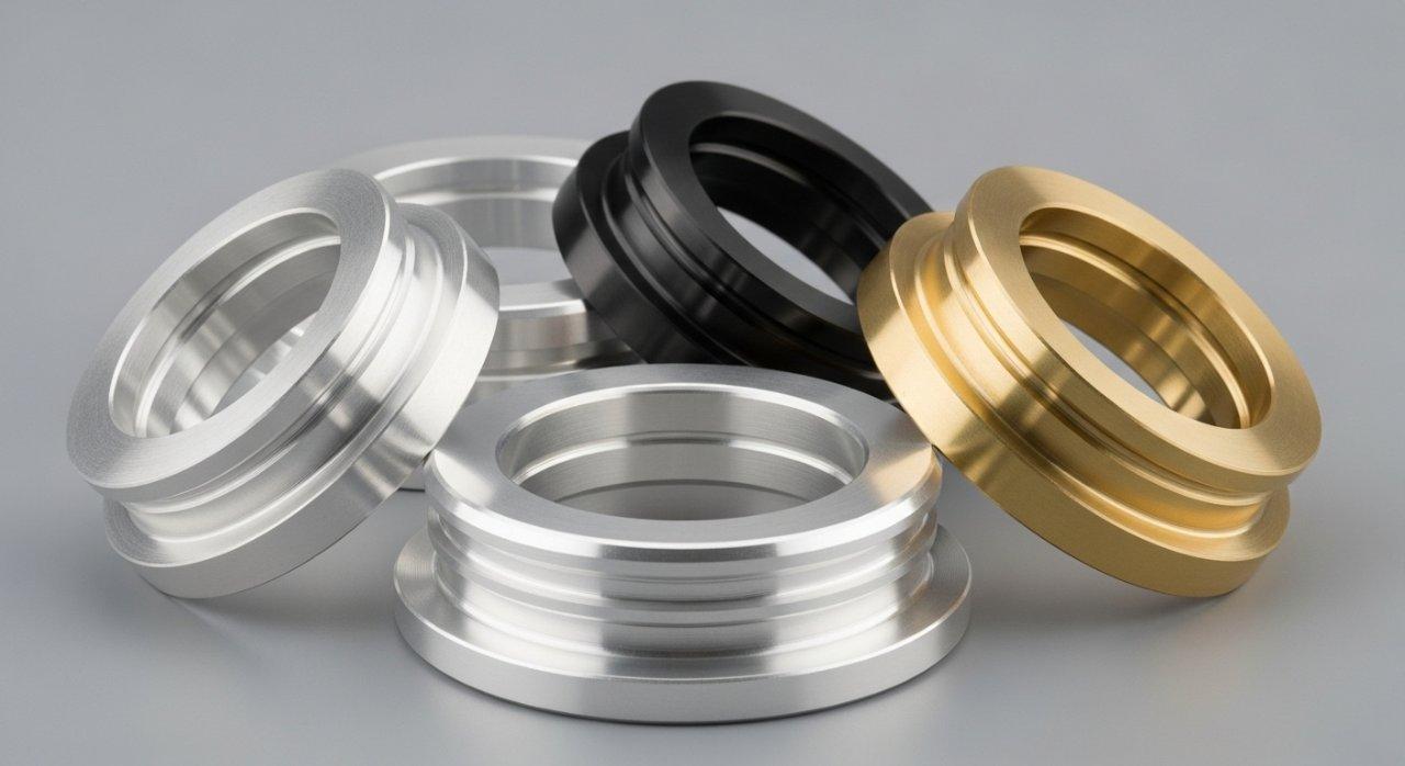 Product collection showcasing three CNC machined aluminum parts with distinct post-processing finishes: one clear anodized, one black anodized, and one polished. A highly polished brass part is included for material and finish contrast.