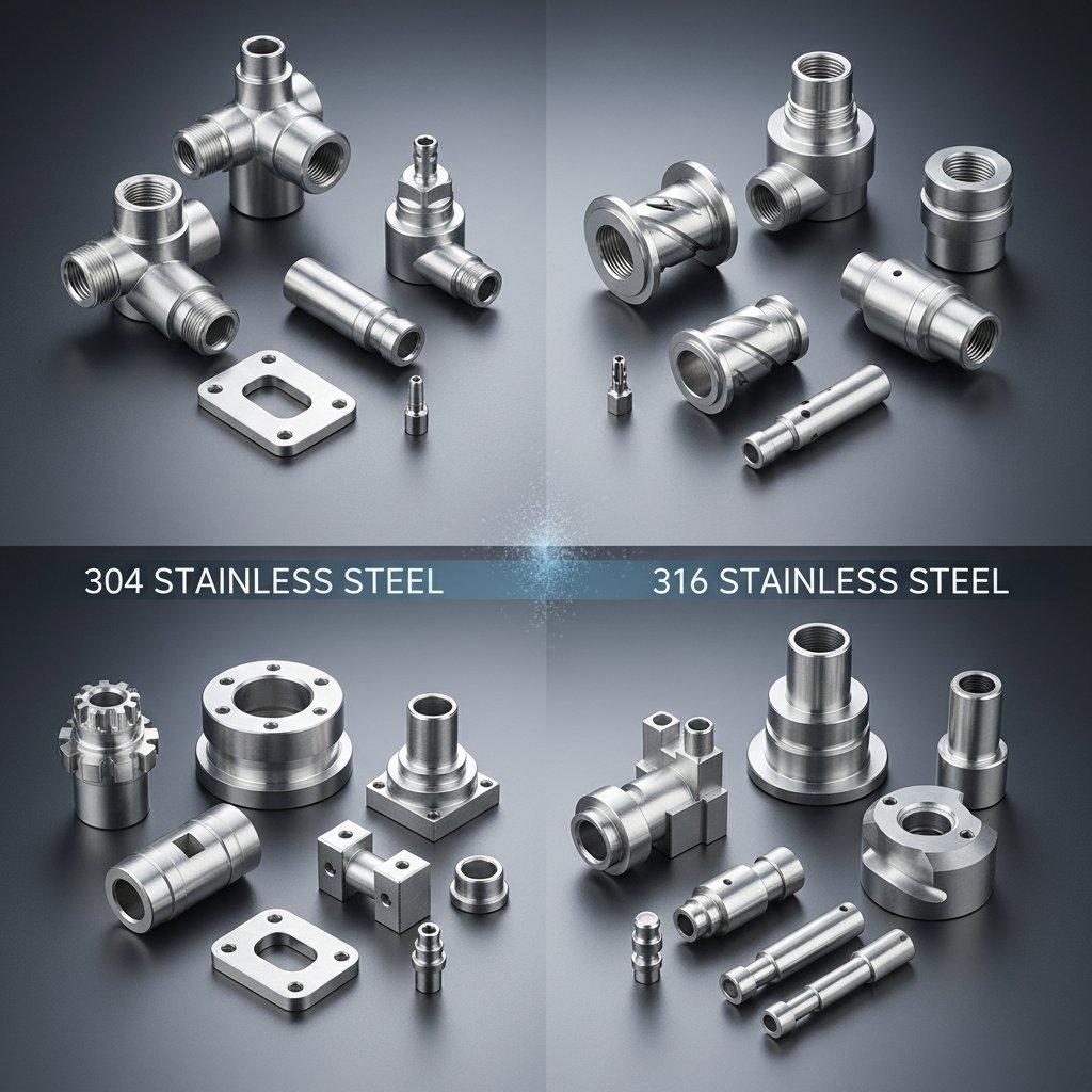 Professional collage of high precision CNC machined parts made from both 304 and 316 stainless steel. Showcasing diverse components for aerospace