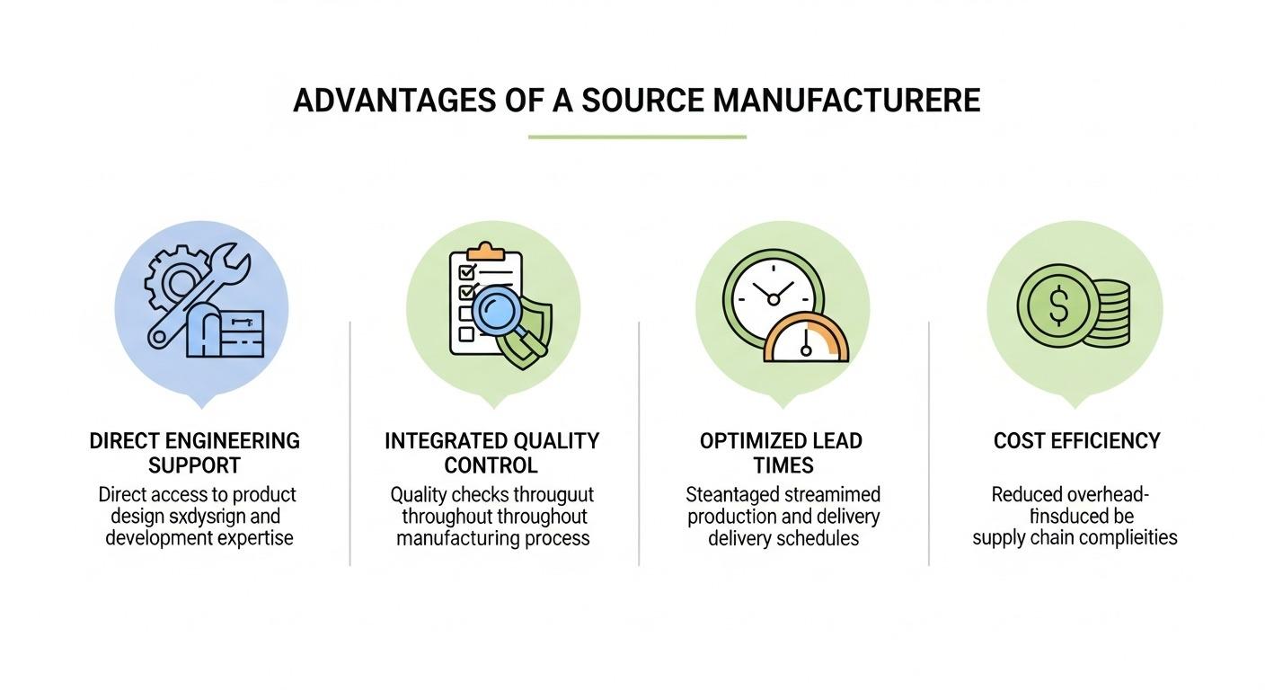 Infographie professionnelle illustrant les avantages d'un fabricant source pour les boîtiers de caméra usinés par CNC, mettant en avant le support d'ingénierie direct