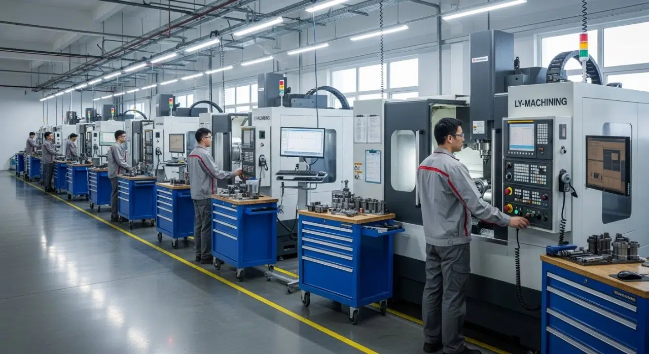 Fotografía profesional del piso de fábrica de ly machining, limpio y bien organizado, mostrando máquinas avanzadas de fresado y torneado CNC en operación.