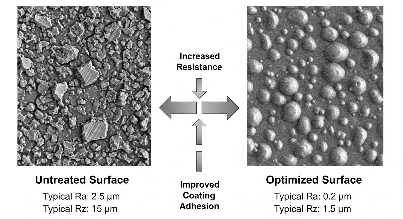 Infografía científica que compara acabados superficiales sin tratar y optimizados. Visualiza una superficie rugosa con microgrietas y rebabas frente a una superficie lisa