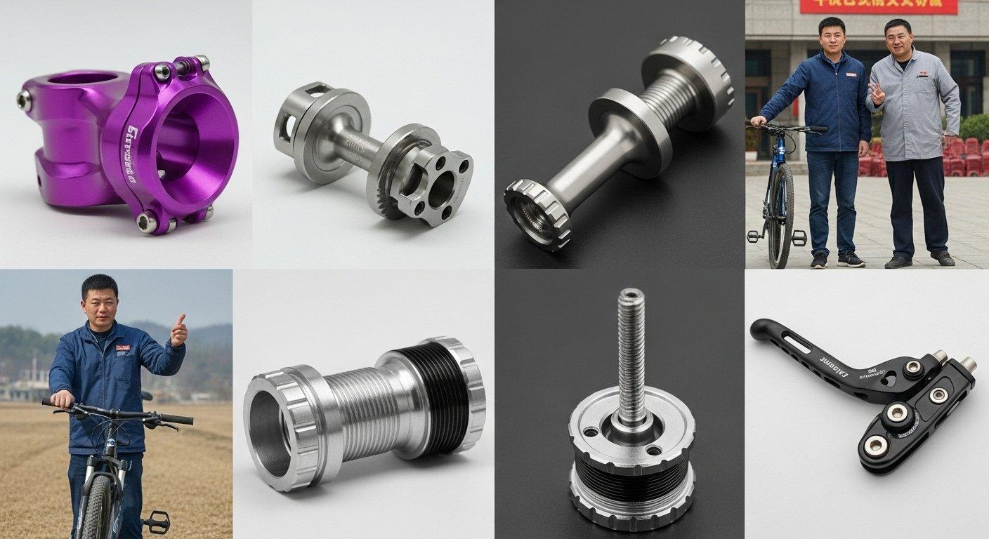 Showcase of high precision CNC machined bicycle components by ly machining featuring an anodized stem lightweight titanium pedal spindle comple