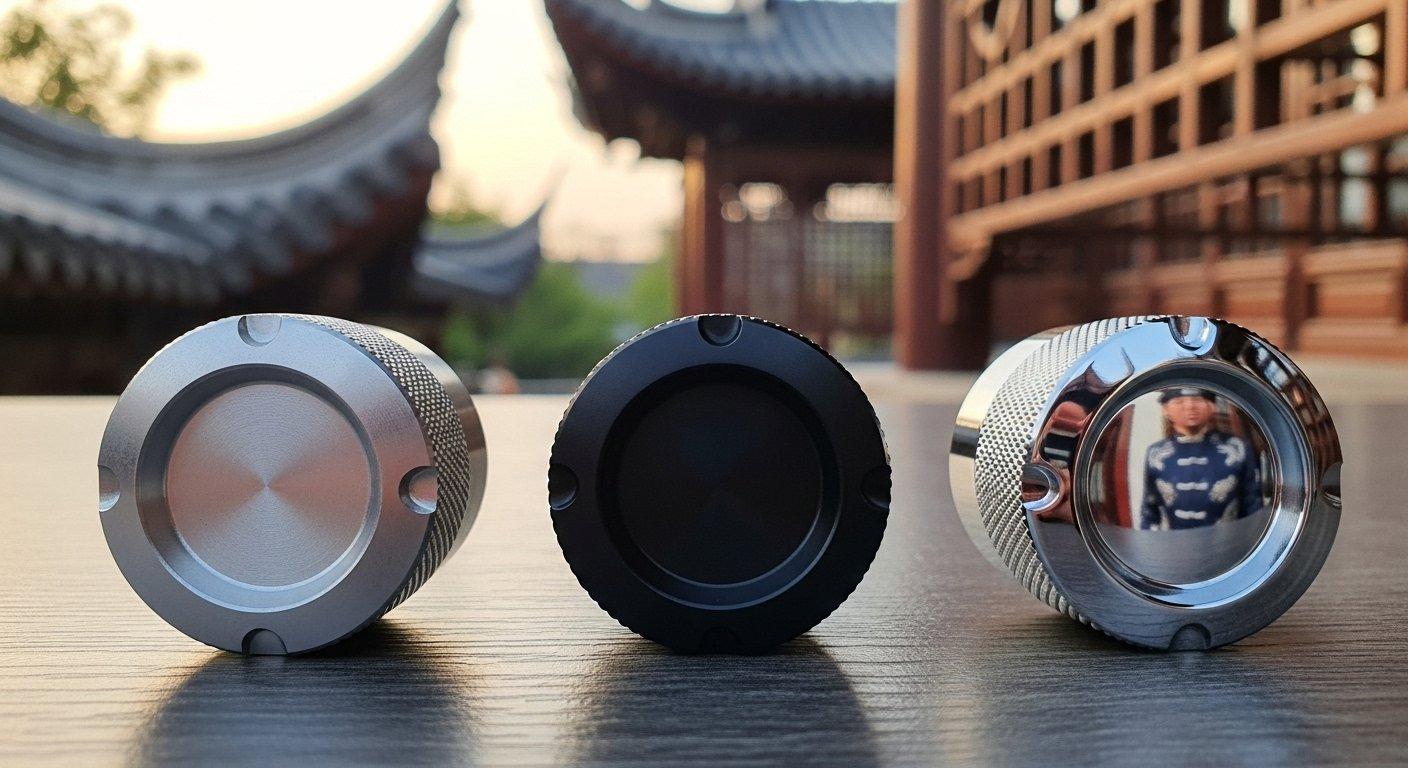 Comparación lado a lado de tres perillas metálicas CNC personalizadas con acabados superficiales distintos: mecanizado en crudo, anodizado negro y pulido altamente con re