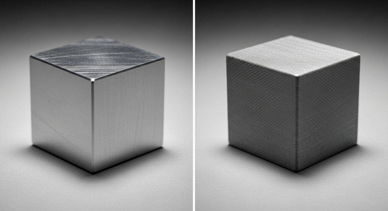 Vergleich nebeneinander von zwei identischen Metallwürfeln, der Unterschiede im Oberflächenfinish hervorhebt. Der CNC-gefertigte Würfel zeigt eine perfekt glatte, präzise Oberfläche mit minimalen Werkzeugspuren, im Gegensatz zum 3D-gedruckten Würfel, der sichtbare Schichtlinien und eine leicht rauere Textur aufweist.
