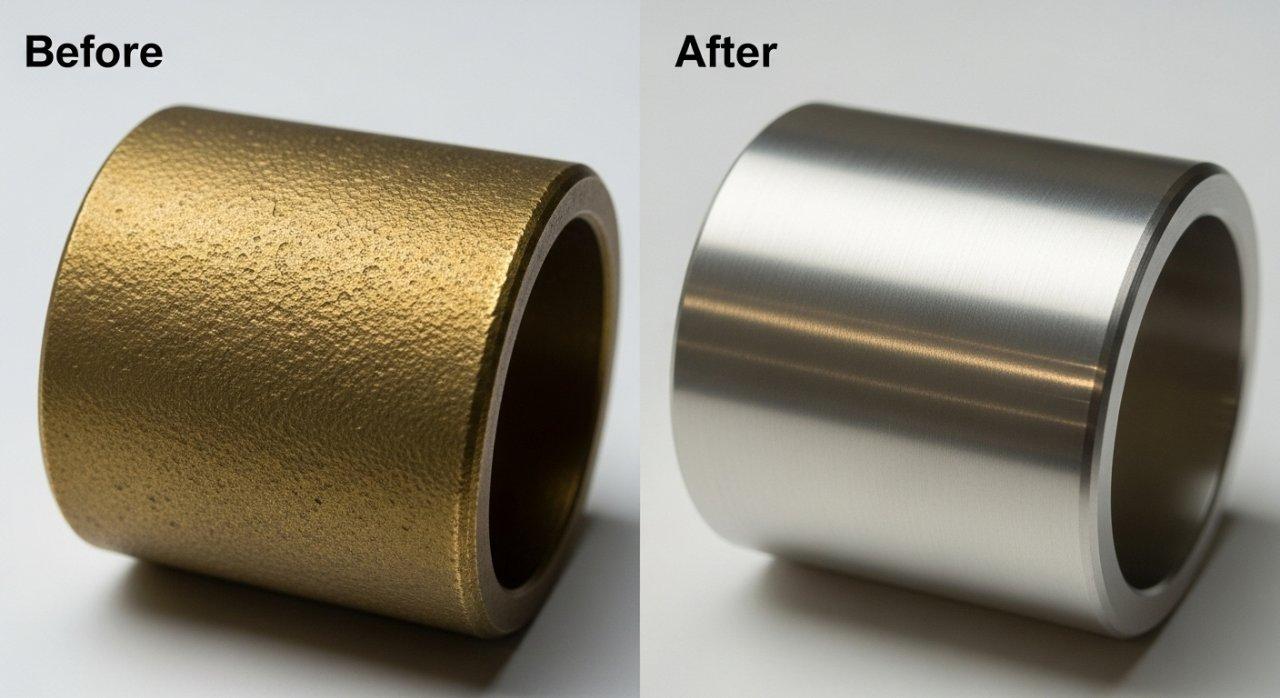 Geteiltes Bild Vorher-Nachher-Bild einer mechanisch fertiggestellten Messingkomponente. Das Vorher zeigt eine matte, rohe, bearbeitete Messingoberfläche, das Nachher zeigt eine